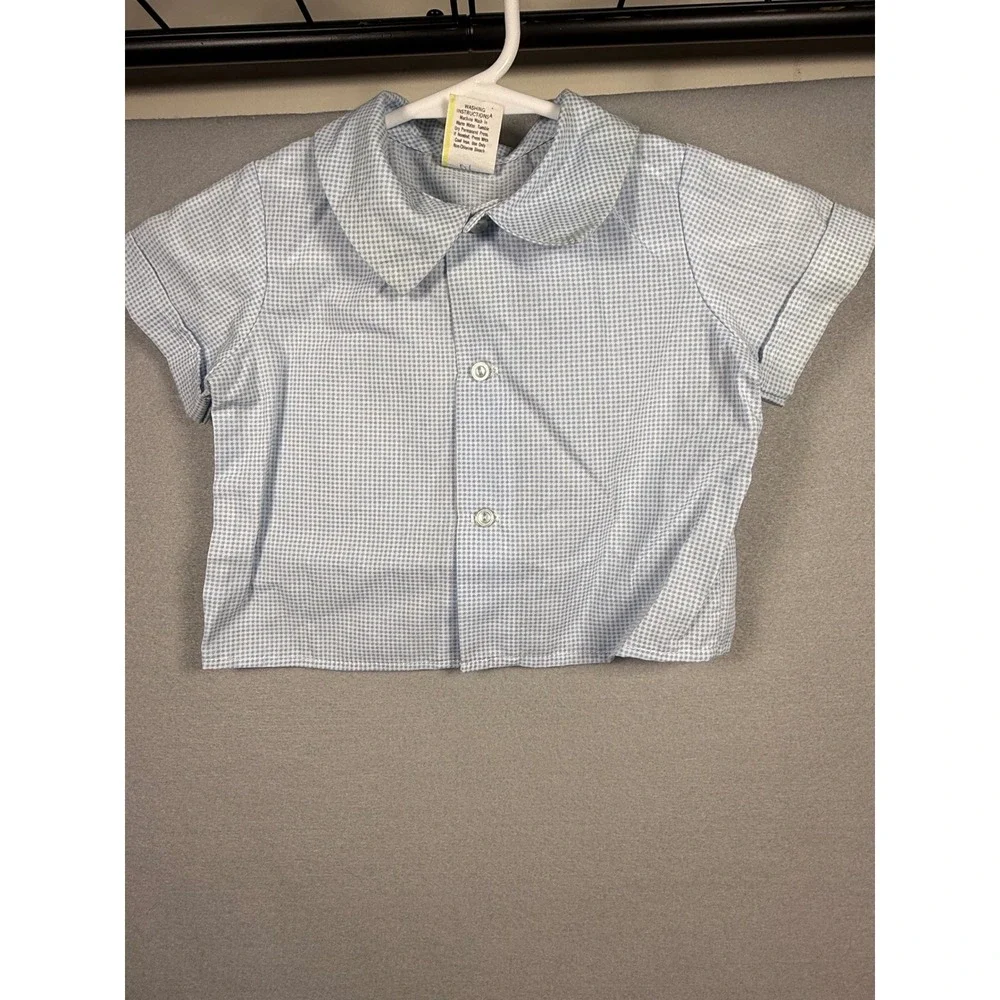 Vintage Baby Boy Blue Gingham Shirt and Fishing Bear Embroidered Romper Set 12M